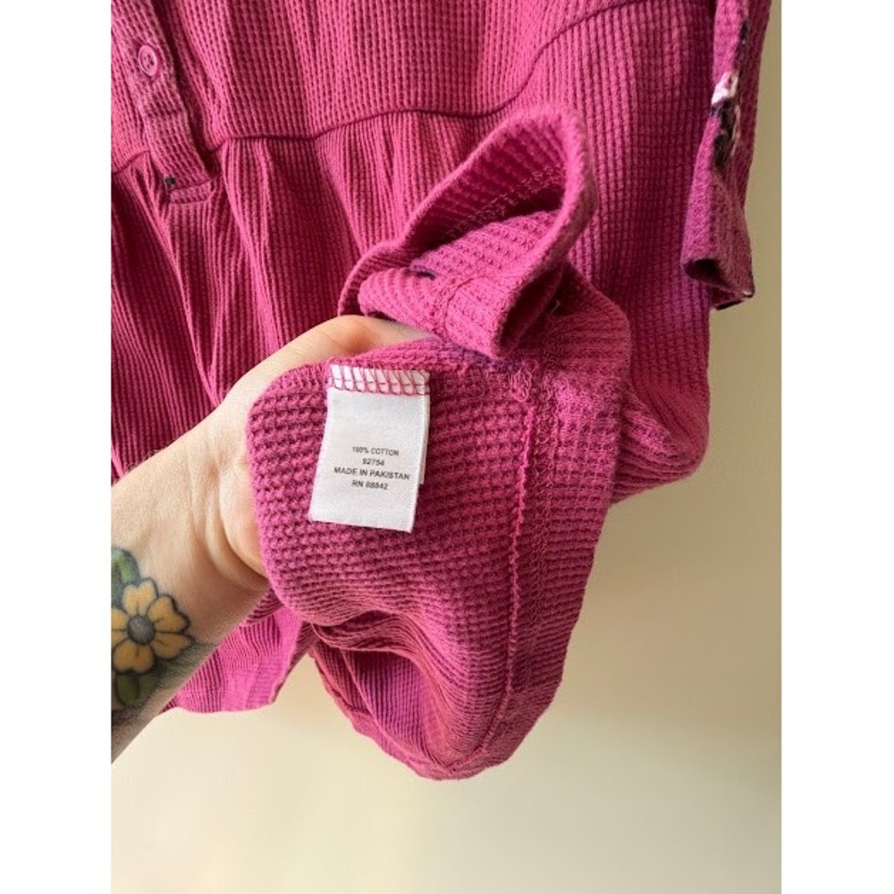 Floral Woman Within Top Women 18/20 Pink Waffle Knit Henley Babydoll Thermal 3/4 - Picture 2 of 5